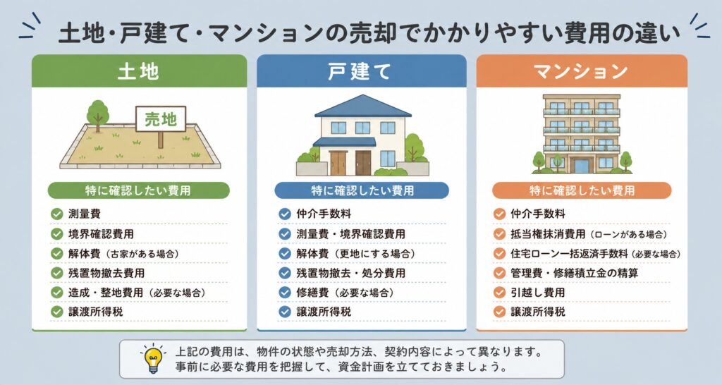 土地・戸建て・マンションの売却でかかりやすい費用の違い