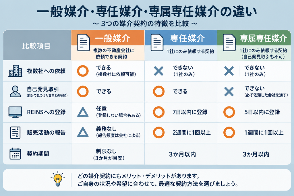 3種類の媒介契約について、複数社への依頼、自己発見取引、REINS登録、活動報告、契約期間を比較した表