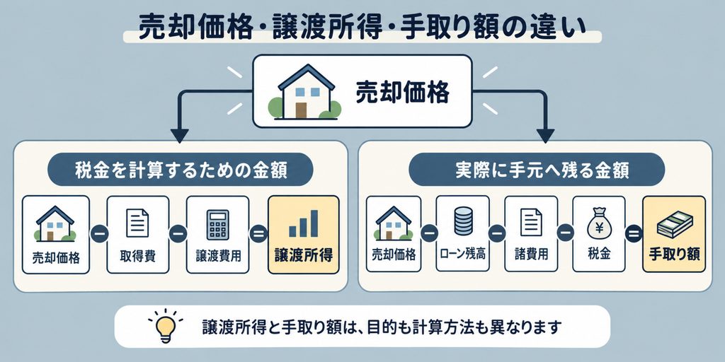 不動産の売却価格と譲渡所得と手取り額の違い